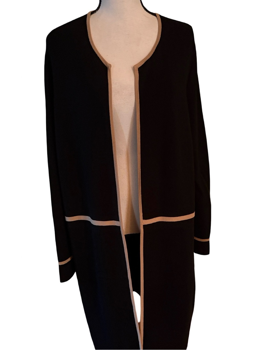 Talbots Black Open-Front Long Cardigan with Beige Trim - Picture 5 of 10